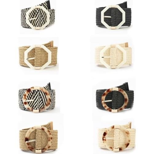 2021 Fashion Octagonal Round Plastic Buckle Women Waist PP Grass Bohemian Style Dress Coat Elastic Woven Waistband