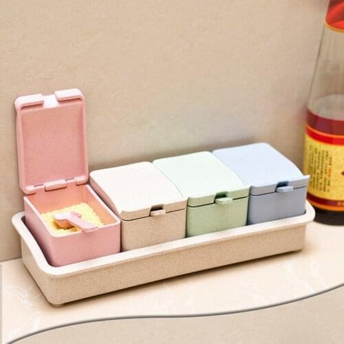 4 Piece/Set Wheat Straw Plastic Seasoning Jar Set Kitchen Condiment Box Cruet Salt Pepper Shakers Seasoning Box Condiment Bottle