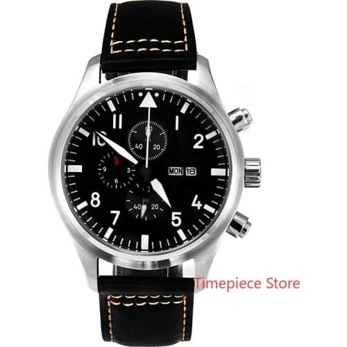 5ATM WR MIYOTA 45mm Pilot Watch Chronograph Day/Date Full Green Luminous Black Dial Domed Sapphire Crystal Leather Strap