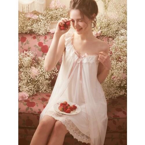 Free Shipping 2021 NEW Vintage Nightgowns Womens Short White Pink Pijamas Gril Sweet Sleepwear Lace Slip pijama feminino