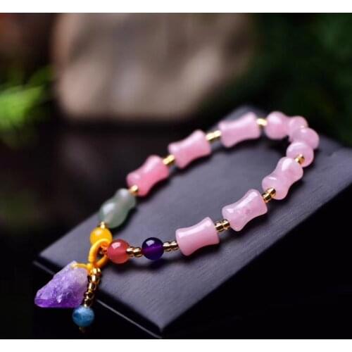 8mm Natural Pink Rose Crystal Quartz Bracelet Women Lavender Amethyst Bead Pendant Bracelet Charm Elastic Cord Love Jewelry Gift