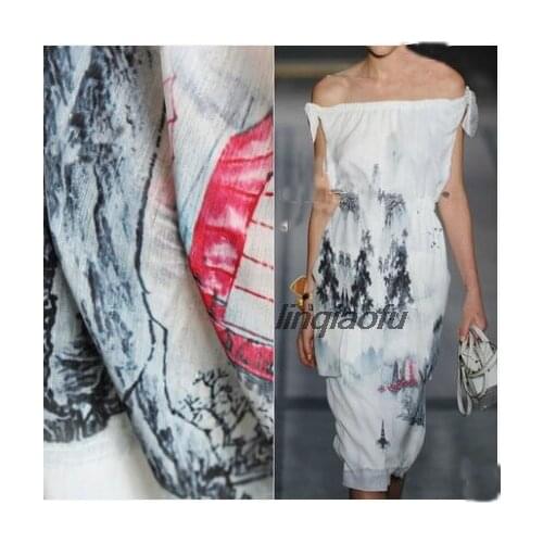 Ink landscape silk printed chiffon thin fabric large-sleeved shirt clothing creative design fabric