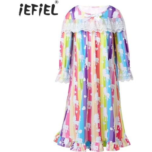 Children Princess Nightgown Home Cotton Nightdress Animal Rainbow Lace Bowknot Cartoon Horse Print Girl Pajamas Kids Sleepwear