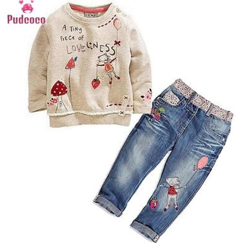 Pudcoco Brand Autumn Winter Flower Kids Baby Children Girls Clothing Letter Sweater Jeans Suit Cartoon Set Outfit Kids Clothes