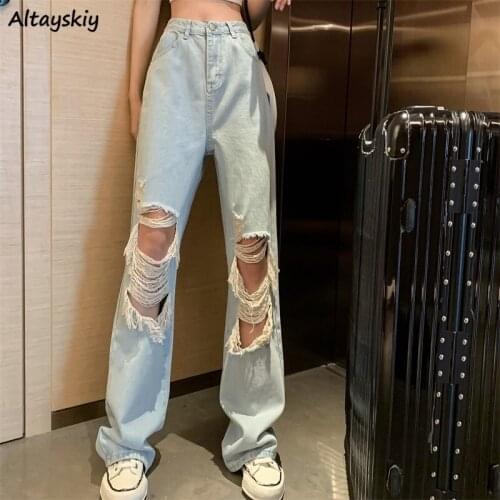 Straight Jeans Women Ripped Hole Japanese Style Chic BF Unisex Streetwear Harajuku Hipster Trendy College Female Bottom Denim