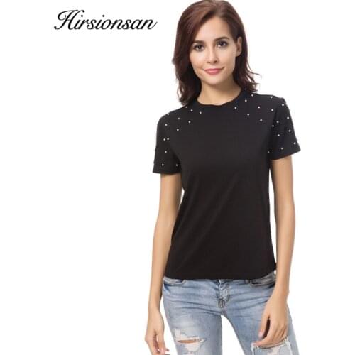 Hirsionsan Pearl Beaded T-shirt Women 2019 Summer Short Sleeve Black T Shirt for Women Casual Cotton Round Neck Tops Tee Shirt