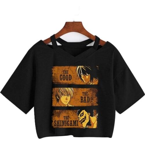 Death Note Letter tshirt Loose V-neck Short sleeve Tee Harajuku Punk Ryuuku print top streetwear Summer Sexy Crop tops T-shirt