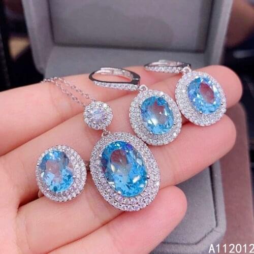 KJJEAXCMY fine Jewelry 925 sterling silver inlaid natural blue topaz luxury pendant ring earring set support test Chinese style