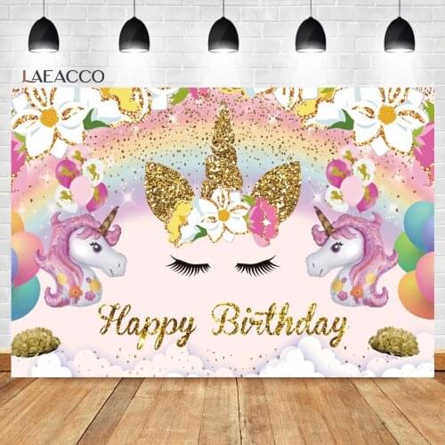 Laeacco Birthday Photo Backgrounds Gold Sequin Unicorn Rainbow Pink Flowers Newborn Baby Shower Customized Photography Backdrops