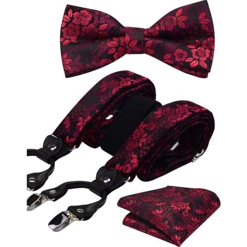 Fashion Floral Suspenders leather 6 Clip Braces Vintage Casual Suspensorio Bow tie Hanky Set Strap bretele Father/Husbands Gift