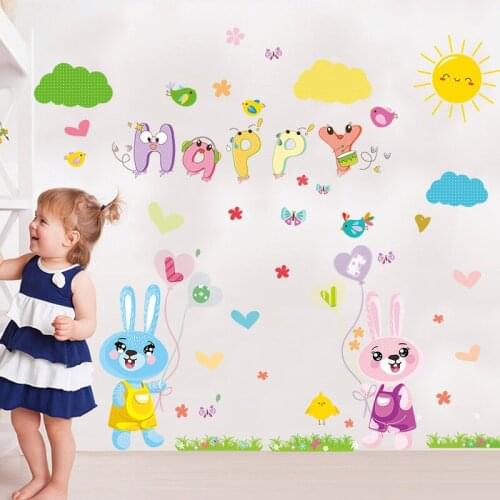 Cartoon wall sticker Happy LOVE rabbit kindergarten wall decal Cute Decorative Wall Stickers for Boys Girls Kids Bedroom Decor