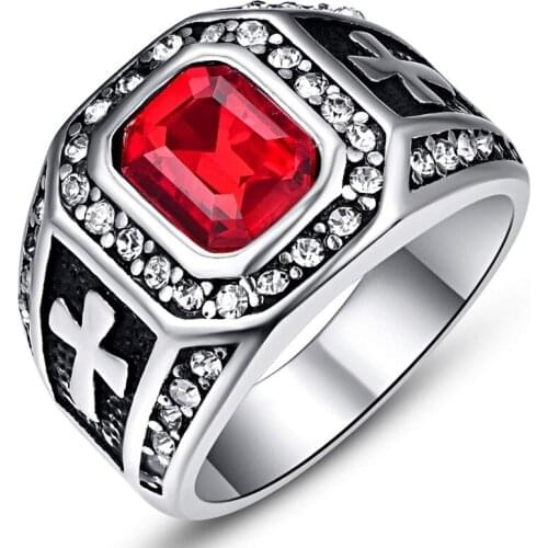 2019 NUNCAD Mens Ring Vintage Stainless Steel Ring Red Crystal and Cubic Zirconia Inlay Cross Totem Engagement Band Ring