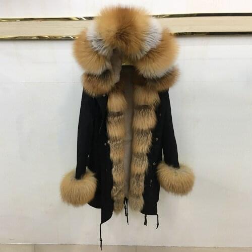 Real fur parkas red fox fur parkas thick warm outwear 2018 new fox fur collar parkas rabbit fur liling 90cm