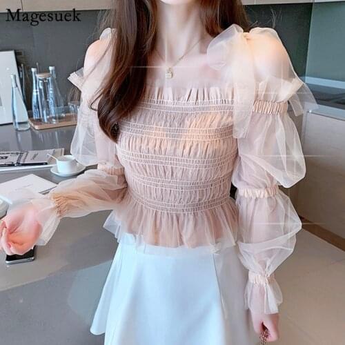 Fashion Sweet Chiffon Shirt Woman Long Sleeve 2021 Korean Off-Shoulder Womens Blouse Off Shoulder Mesh Shirt Blusas Mujer 8735