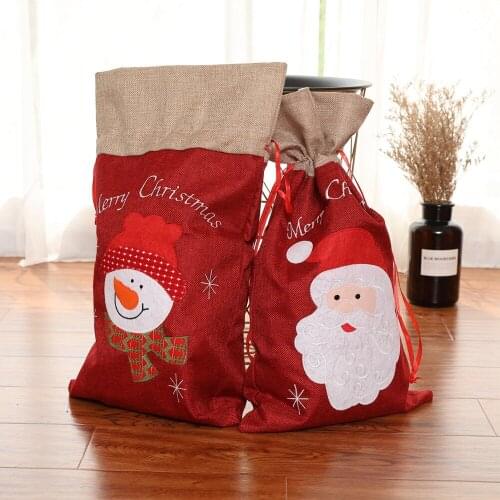 Christmas Linen Cartoon Santa Claus Snowman Printed Drawstring Candies Carrier Bag