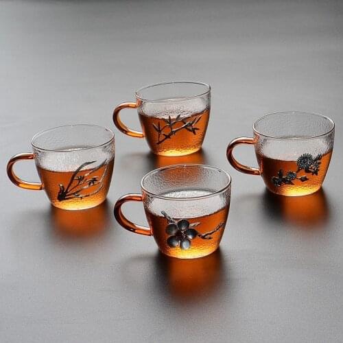 Glass Teacup with Handle Japanese Kung Fu Drinkware Clear Heat Resistant Home Water Mug Inlay Tin Master Cup