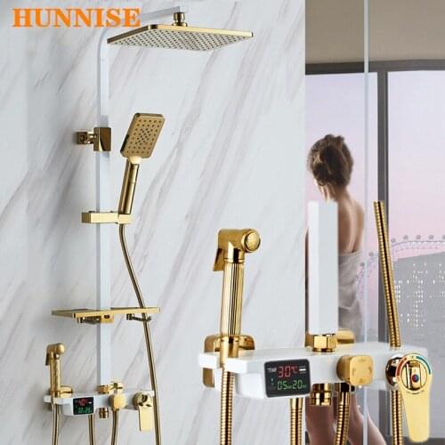 Thermostatic Shower Set HUNNISE Copper Bathtub Mixer Faucets 12 Inch Rainfall Shower Head White Gold Digital Shower Mixer Set