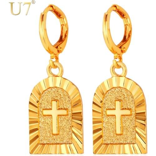 U7 Gold Color Cross Earrings Trendy Religious Jewelry Wholesale Drop Earrings For Women E697
