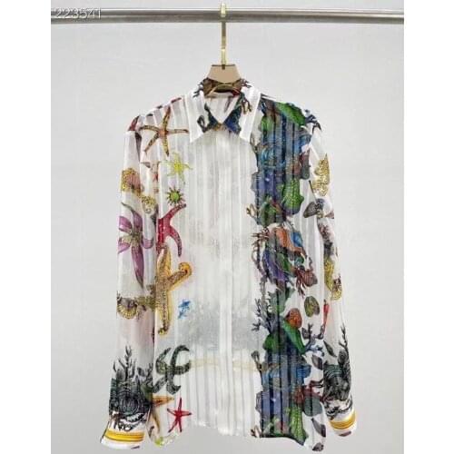 2021 Fashion Runway Summer Casual Silk Shirt Women Long sleeve Single Breasted Printing Elegant Blouse