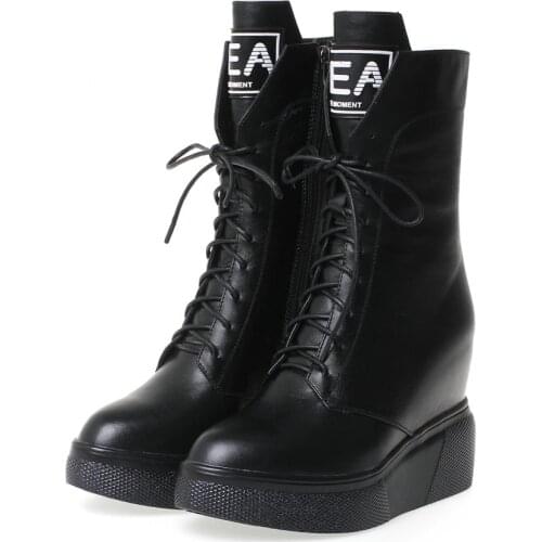 High Top Creepers Women Lace Up Genuine Leather Wedges High Heel Motorcycle Boots Female Round Toe Fashion Sneakers Casual Shoes