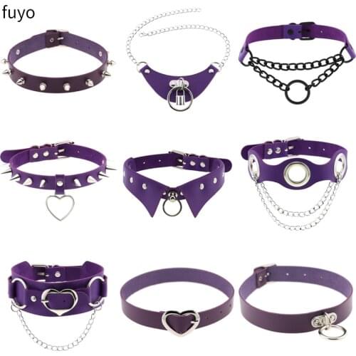 2021 Punk Goth PU Leather Bondage Collar Nightclub Purple Chains Heart Choker Necklace Neck Collar Gothic Hip Hop jewelry