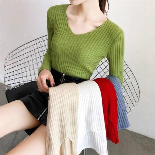 Autumn Sweater Women Casual Slim V-Neck Bottoming Sweaters Solid Color Winter Basic Tops Wild Long Sleeve Pullover Top