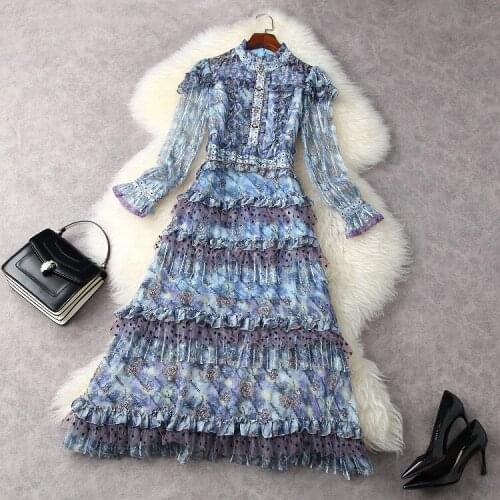 European and American womens clothing spring 2021 new Long sleeves stand collar nail bead Printed spliced lace fashion dress