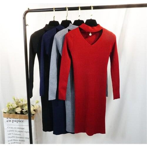 Autumn Winter Warm Thick Hollow Out Sweater Dress Women V-Neck Beading Knitted Dresses Ladies Long Sleeve Dress Vestidos SE209