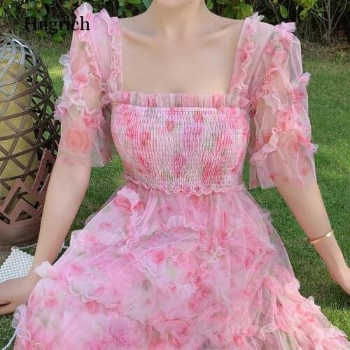 Summer Sexy Vintage Print Floral Dress Embroidery Party A-Line Elegant Lace Square Collar Dresses Women Boho Short Sleeve