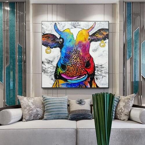 Animals Graffiti Art Cow Canvas Prints Posters Abstract Colorful Oil Painting Cuadros Wall Pictures for Living Room Home Decor