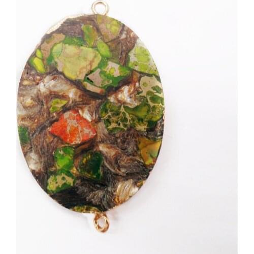 1Pcs 48x28x5mm Green And Bronze Sea Sediment Jasper & Pyrite Oval Gilt Edge Bracelet Connector Bead DIY Jewelry Accessories S877