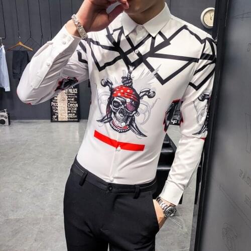 17 spring new fashion wear hat skull printing mens long sleeved Korean dress shirt 1613 white P55