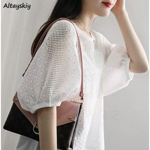White Blouses Women Puff Sleeve Chic Summer Soft Hollow Out Design Korean Style Office Lady Clothing Basic Simple Elegant Top