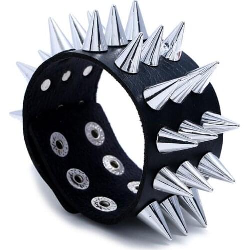 Punk Gothic Rock Cuspidal Spikes Rivet Cone Stud Wide Leather Cuff Bracelet Wristbands Charm Bangle Fashion Biker Unisex Jewelry