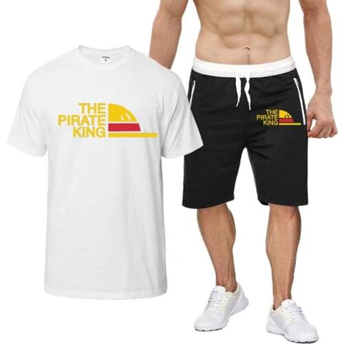 One Piece Mens Short sleeve Summer The Pirate King Hip Hop The Pirate King High Quality Cotton Japanese Anime Tee shorts suit