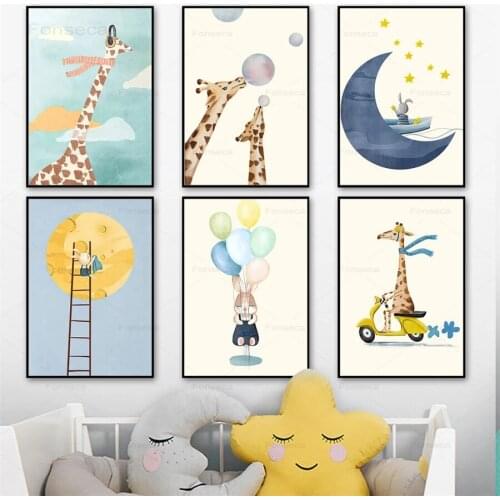 Nordic Nursery Decoration Cartoon Poster Cute Giraffe Rabbit Moon Balloon Canvas Painting Ainmals Wall Pictures for Kids Room