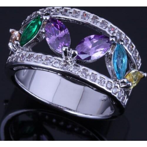 Divine Multigem Multicolor Purple Cubic Zirconia White CZ Silver Plated Ring V0603