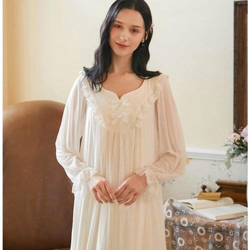 Women Long Nightgowns white Sleepwear Sexy Lace Nightdress Vintage Nightwear Lingerie Homewear Suit Palace Style Elegant Floral
