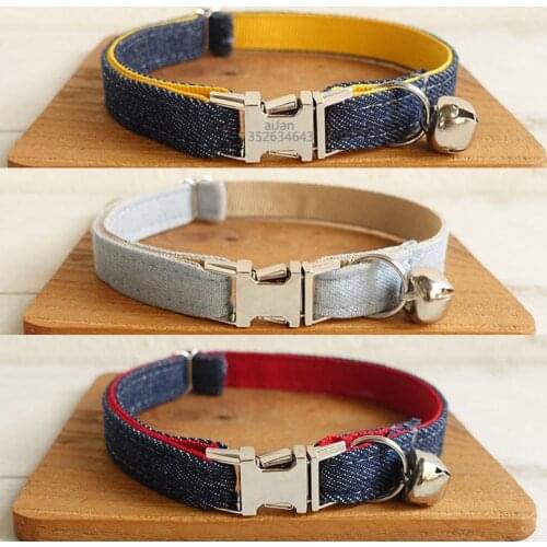 Cat Collar Denim Adjustable Puppy Kitten Cat Collar with bell Personalized Necklace Small Dog Collar Chihuahua Yorshire Bulldog
