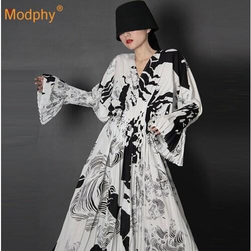 Elegant Women Dress V Neck Flare Long Sleeve High Wiast Pleated dresses Casual Party Female clothing Fashion 2020 Autumn Tide
