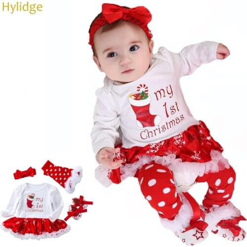 Hylidge 4PCS/set 2019 Winter Newborn Christmas Dress My First Christmas Girl Baby Toddler Girl Christmas Dresses Long-sleeved Cotton Infantile Rompers