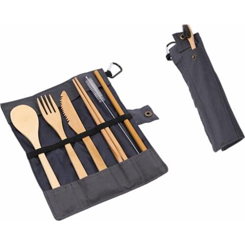 Dinnerware-Set Bamboo Cutlery Set Zero Waste Wooden Utensils Portable Flatware Knife-Fork Travel Toothbrush Cloth Bag Tableware