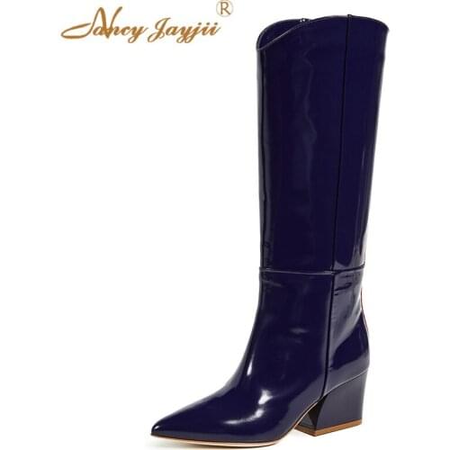 Women shoes Ladies boots Paten Leather Black&Red Mixed Colors Rainboots High Square heels Slip-On Pointed Toe Spring/Autumn 2021