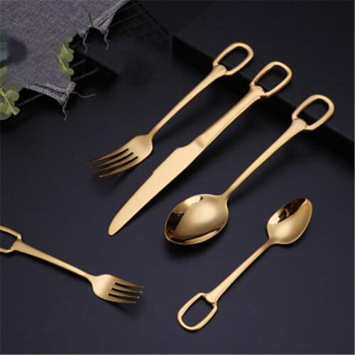 New Style Square Hole Cutlery Sets Bright Gold-plated 304 Stainless Steel Knife Fork Spoon Coffee Spoon Tableware Cutlery Set
