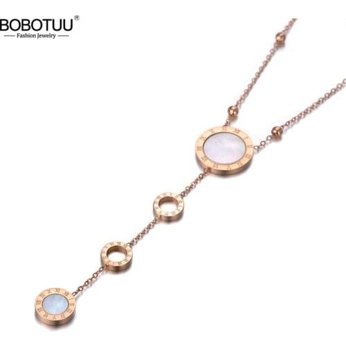 BOBOTUU Titanium Stainless Steel White Shell Roman Numerals Choker Necklaces For Women Trendy Charm Pendant Necklace BN19196