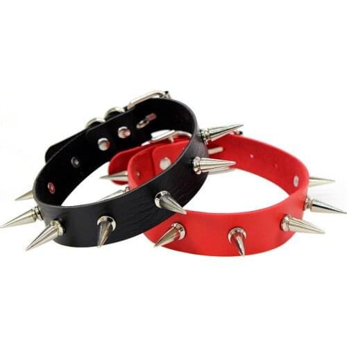 Red Spike Punk Rock Gothic Sexy PU Leather Heart Round Spike Rivet Collar Choker Necklace Body 100% Handmade Jewelry Party Gift