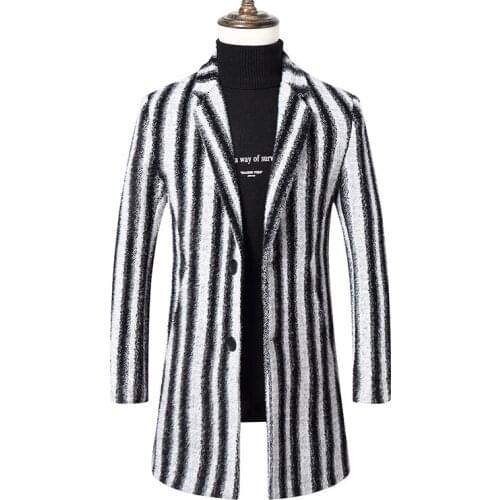 New Winter Men stripe Long Woolen Coat Fur Collar Warm Male Solid Slim Casual Windbreaker Jacket Autumn Fashion Top Outwear 4XL