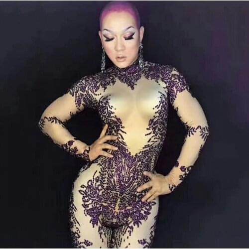 Sparkly Crystals Purple Jumpsuit Stretch Stones Outfit Celebrate Bright Rhinestone Bodysuit Costume Female Women Birthday Dress