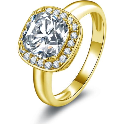 QYI Luxury Design Women Jewelry Rings Cushion Cut Sona Simulated Diamond 14K Solid Yellow Gold Engagement Wedding Band Ring