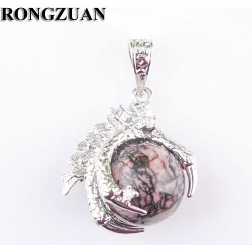 RONGZUAN Natural Rhodochrosite Gem Stone Round Ball Bead Dragon Claw Crystal Pendant Necklace 18" Chain Jewelry TN3110